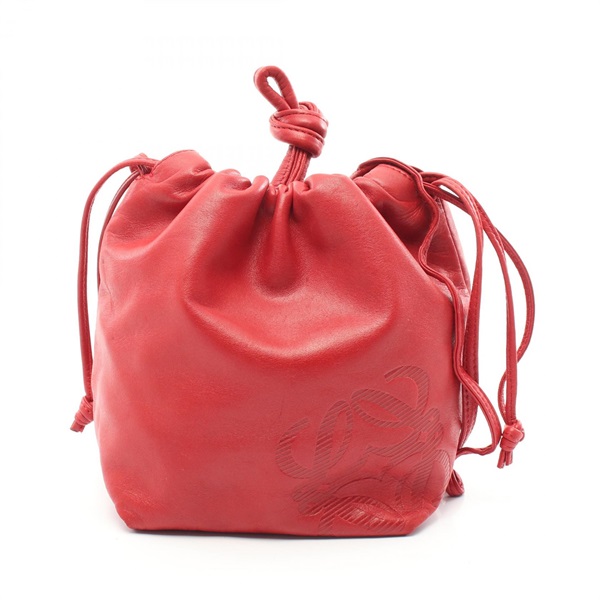 LOEWE anagram Shoulder drawstring Bag purse pouch leather Red Used Women