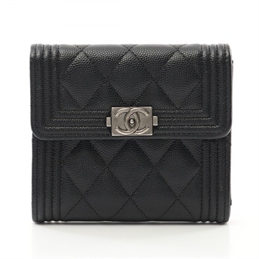 CHANEL Boy chanel Tri-fold compact wallet purse A80734 leather Black Used SHW