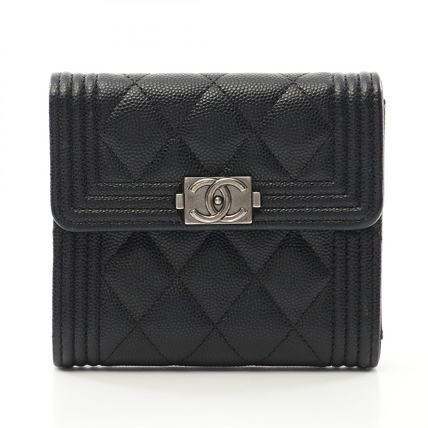 CHANEL Boy chanel Tri-fold compact wallet purse A80734 leather Black Used SHW