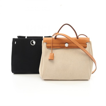 HERMES Herbag PM Hand shoulder bag G Toile H canvas Hunter Natural Used SHW
