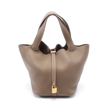 HERMES Picotin Lock MM Hand bag Y Taurillon Clemence Etoupe Grey Used GHW