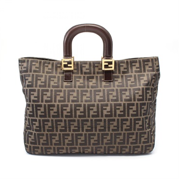 FENDI Zucca Tote hand Bag canvas leather black khaki brown Used