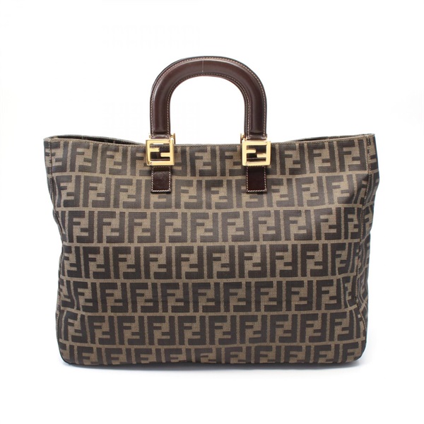 FENDI Zucca Tote hand Bag canvas leather black khaki brown Used