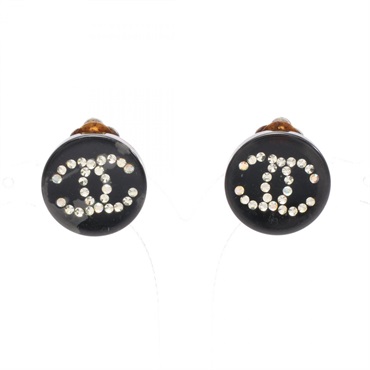 CHANEL COCO Mark clip Earrings Resin Rhinestones Black Clear Used