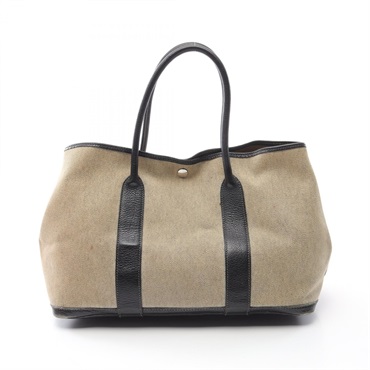 HERMES Garden party PM Tote Bag Toile H leather canvas Black Beige Used SHW G