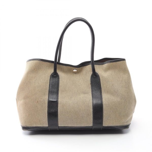 HERMES Garden party PM Tote Bag Toile H leather canvas Black Beige Used SHW G