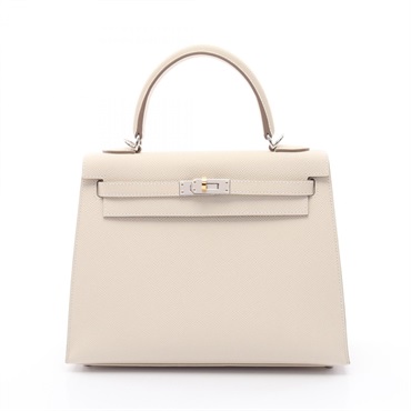 HERMES Kelly 25 Hand shoulder bag W outside stitched Epsom leather craie Used