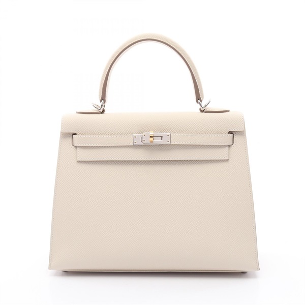 HERMES Kelly 25 Hand shoulder bag W outside stitched Epsom leather craie Used