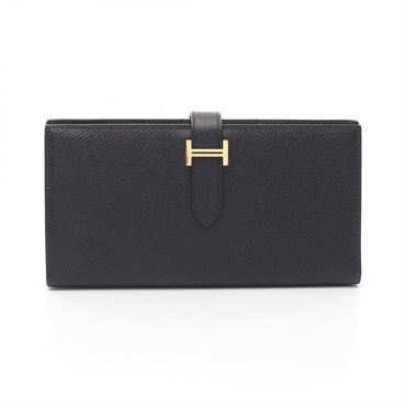 HERMES Bearn Soufflet Bifold long purse wallet C Epsom leather Black Used GHW