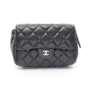 CHANEL Matelasse Pouch bag A0216 Lambskin sheep leather Black Used Women SHW CC