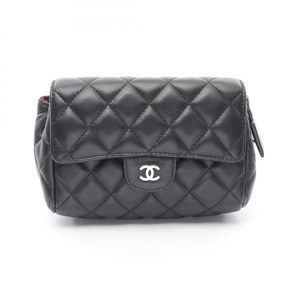CHANEL Matelasse Pouch bag A0216 Lambskin sheep leather Black Used Women SHW CC