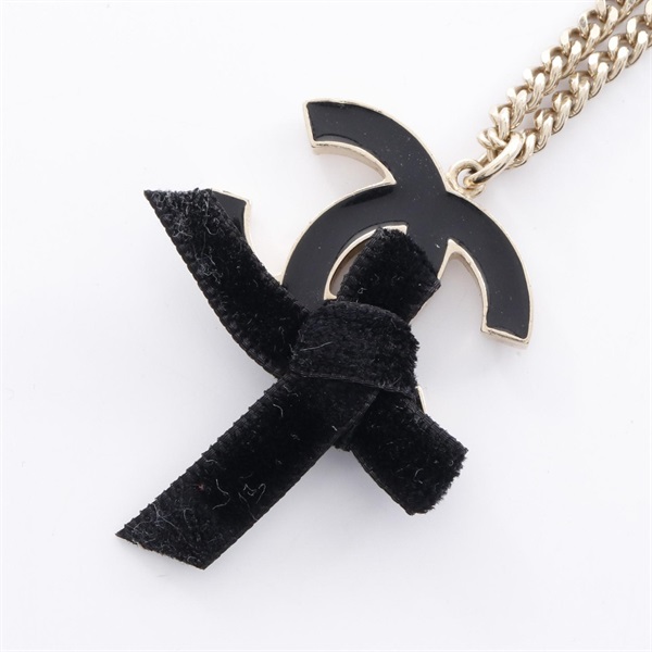 CHANEL COCO Mark Ribbon Necklace Gold Plated Used Women CC Pendant