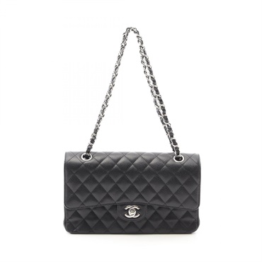 CHANEL Matelasse Double Flap Chain Shoulder Bag A01112 Calfskin Black SHW Used
