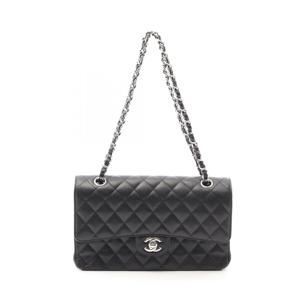 CHANEL Matelasse Double Flap Chain Shoulder Bag A01112 Calfskin Black SHW Used