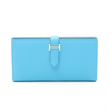 HERMES Bearn Soufflet Bifold long purse wallet T Chevre Blue zanzibar Used SHW