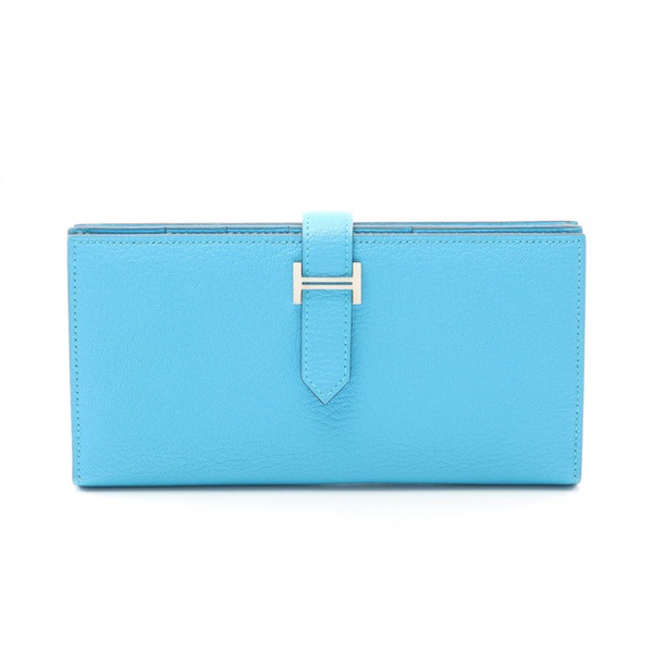 HERMES Bearn Soufflet Bifold long purse wallet T Chevre Blue zanzibar Used SHW