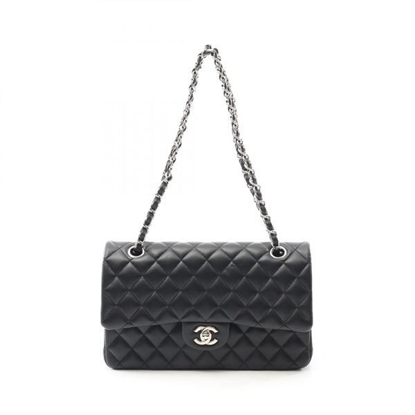 CHANEL Matelasse W flap Chain Shoulder Bag AO1112 Lamb sheep leather Black Used