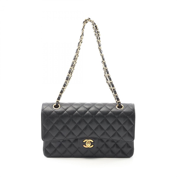 CHANEL Matelasse W flap Chain Shoulder Bag A01112 leather Black Used Women GHW