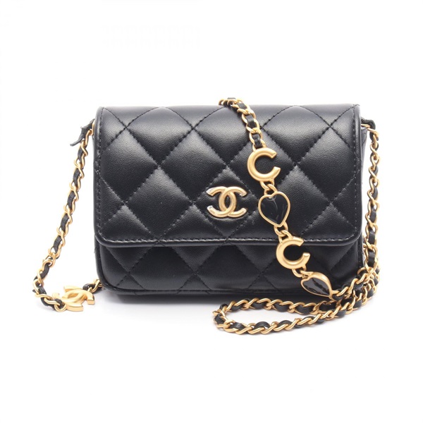 CHANEL Matelasse Crossbody Chain Shoulder Bag Card Case Lambskin Black GHW CC