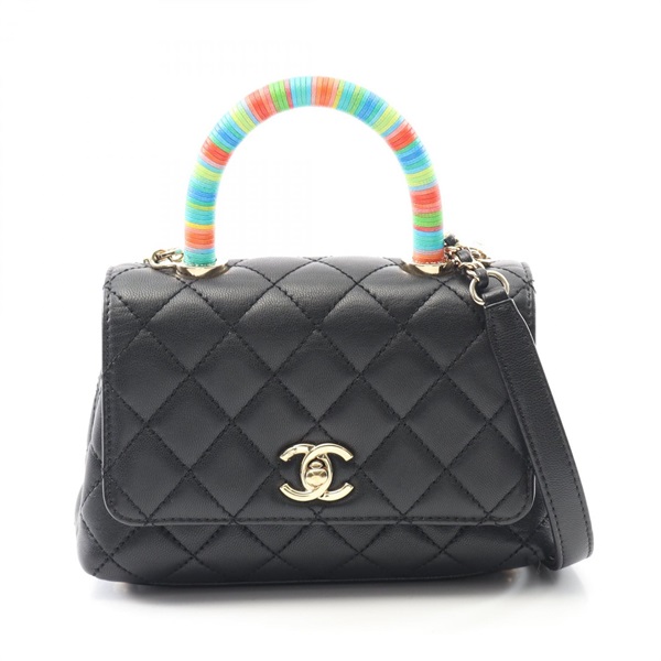 CHANEL Coco Handle XXS 2way shoulder Handbag AS2215 Lamb leather Black Used GHW