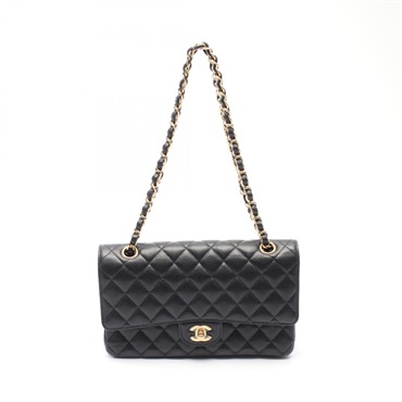 CHANEL Matelasse W flap Chain Shoulder Bag A01112 leather Black Used Women GHW