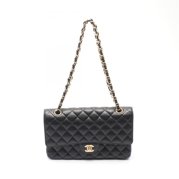 CHANEL Matelasse W flap Chain Shoulder Bag A01112 leather Black Used Women GHW