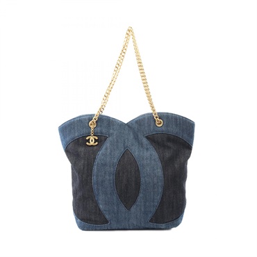 CHANEL Chain shoulder Tote Bag AS3857 denim Navy Used Women GHW CC
