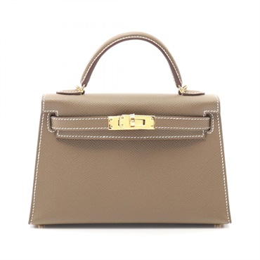 HERMES Mini Kelly 2 Shoulder Handbag W Epsom leather Etoupe Grey GHW Women