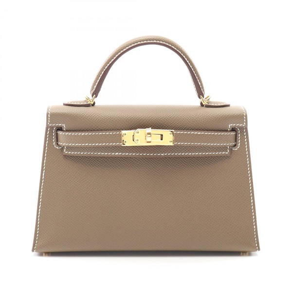 HERMES Mini Kelly 2 Shoulder Handbag W Epsom leather Etoupe Grey GHW Women