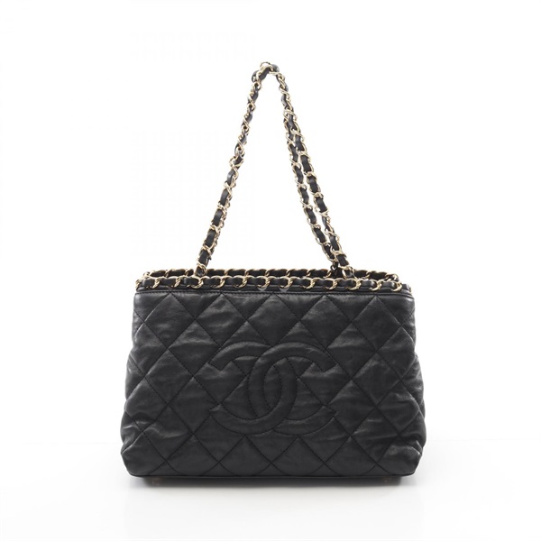 CHANEL Matelasse chain shoulder Tote Bag Lamb sheep leather Black Used Women GHW