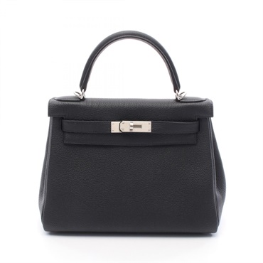 HERMES Kelly 28 Shoulder Handbag K Togo leather Black Noir Women SHW