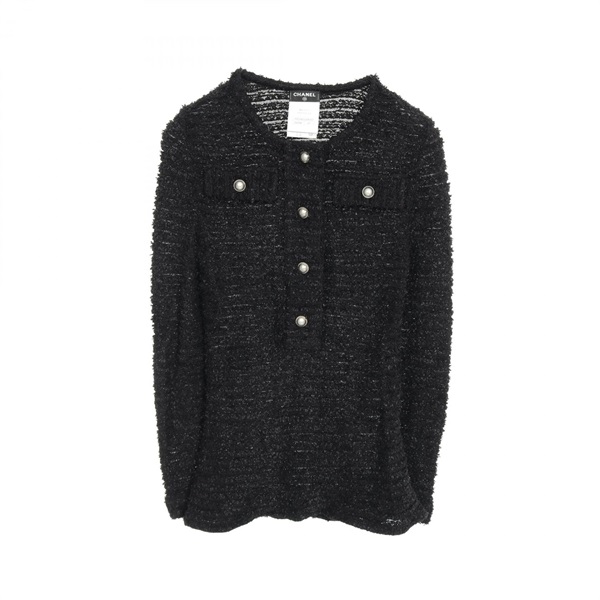 Chanel 07C COCO Button Cashmere x Silk V-neck Knit Cut and Sew P30282 Black 38