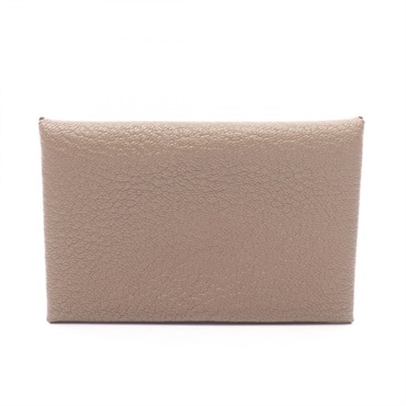 HERMES Calvi coin purse wallet Chevre leather Brown Etoupe Grey Used Women T SHW