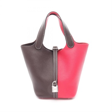 HERMES PicotinPM casaque Handbag Clemence leather Brown Pink Used Z SHW