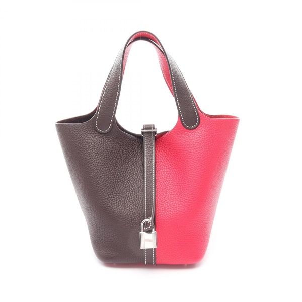 HERMES PicotinPM casaque Handbag Clemence leather Brown Pink Used Z SHW