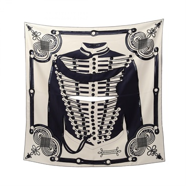 HERMES Carre90 BRANDE BOURGS TATTOO Scarf silk White Navy Used Women
