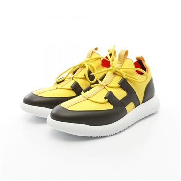 HERMES Duel sneakers Shoes leather Fabric Yellow Brown Used mens size 43