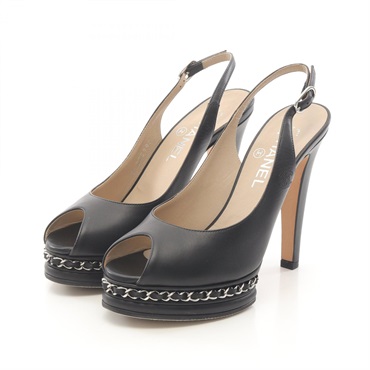 CHANEL open-toe sandals heel shoes G28998 leather Black Used Women #38 COCO CC