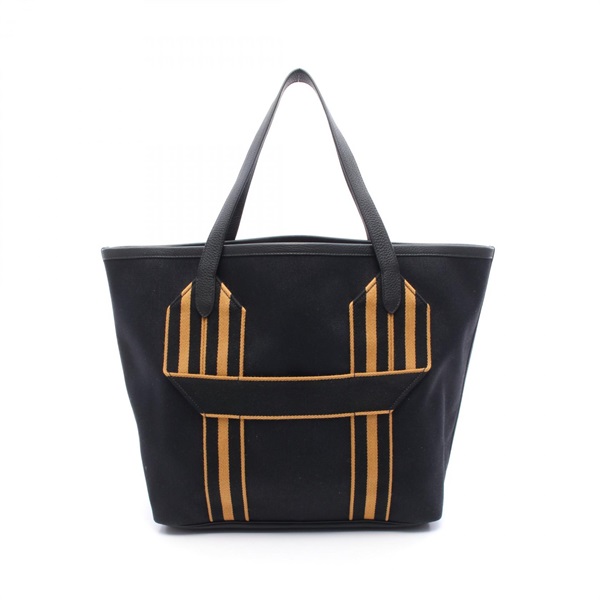 HERMES Pursangle Tote Bag Toile military canvas leather Black Brown Used U Black