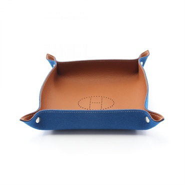 HERMES Vide Poche Mess et Relances HEvelyne tray Felt leather Blue Gold Used SHW