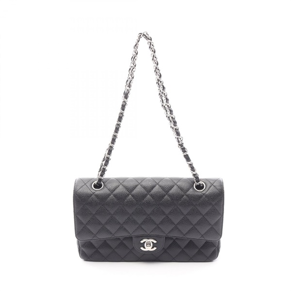 CHANEL Matelasse W flap Chain Shoulder Bag Calfskin Black Used Women SHW COCO CC