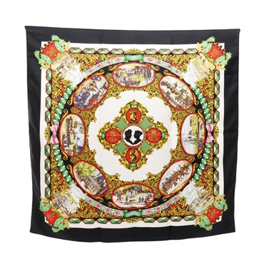 HERMES Carre90 L'ENTENTE CORDIALE Scarf silk Black Multicolor White Used Women