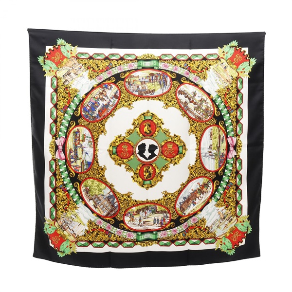 HERMES Carre90 L'ENTENTE CORDIALE Scarf silk Black Multicolor White Used Women