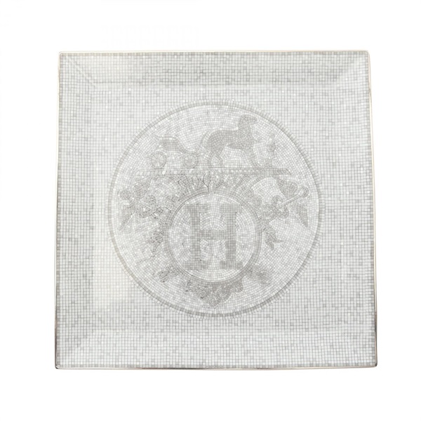 HERMES Petit carre No.5 Mosaic 24 Tableware Pottery White Gray Used unisex
