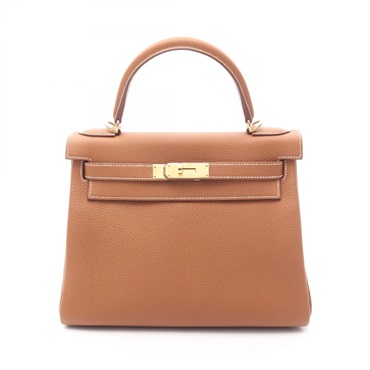 HERMES Kelly 28 Shoulder Handbag Togo leather Brown Gold Used Women B GHW