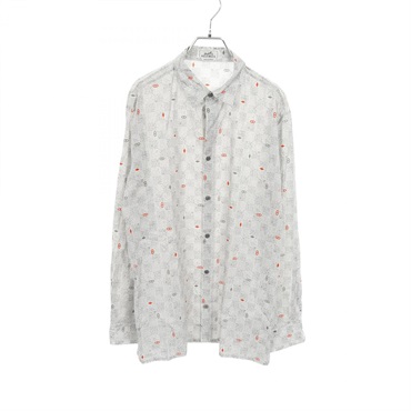 HERMES Chaine dancre Sellier button Long sleeve shirt cotton Gray Red Used mens