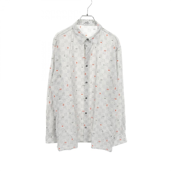 HERMES Chaine dancre Sellier button Long sleeve shirt cotton Gray Red Used mens