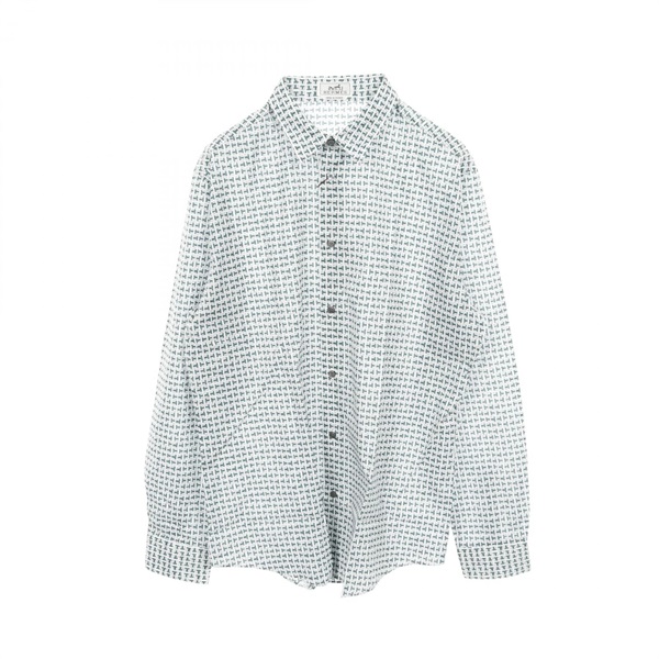 HERMES H pattern Sellier button Tops Shirts cotton White Green Used mens