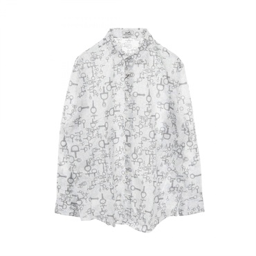 HERMES Sellier button Long sleeve shirt cotton White Gray Blue Used mens