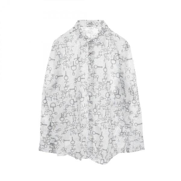 HERMES Sellier button Long sleeve shirt cotton White Gray Blue Used mens